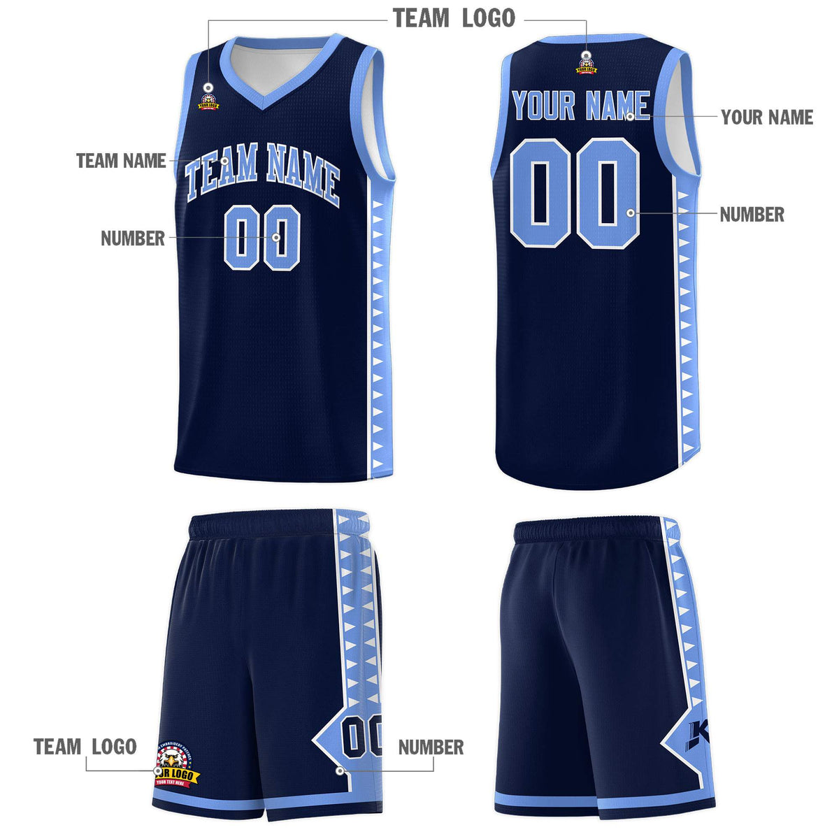 Custom Navy Light Blue Basketball Kits With Side Zigzag Pattern