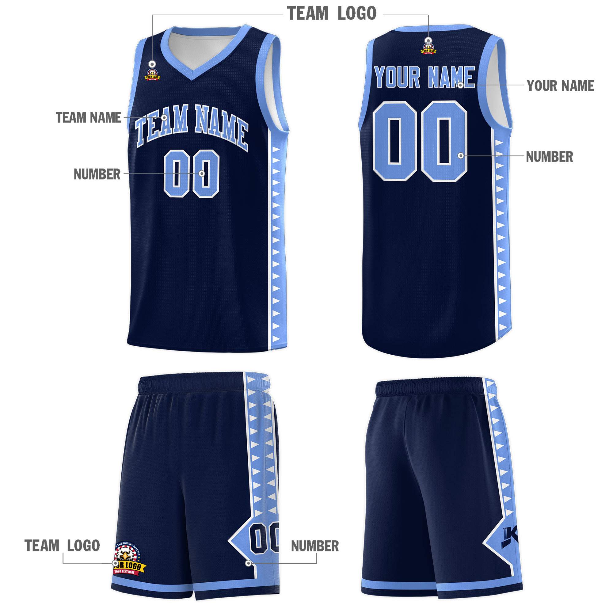 Custom Navy Light Blue Basketball Kits With Side Zigzag Pattern