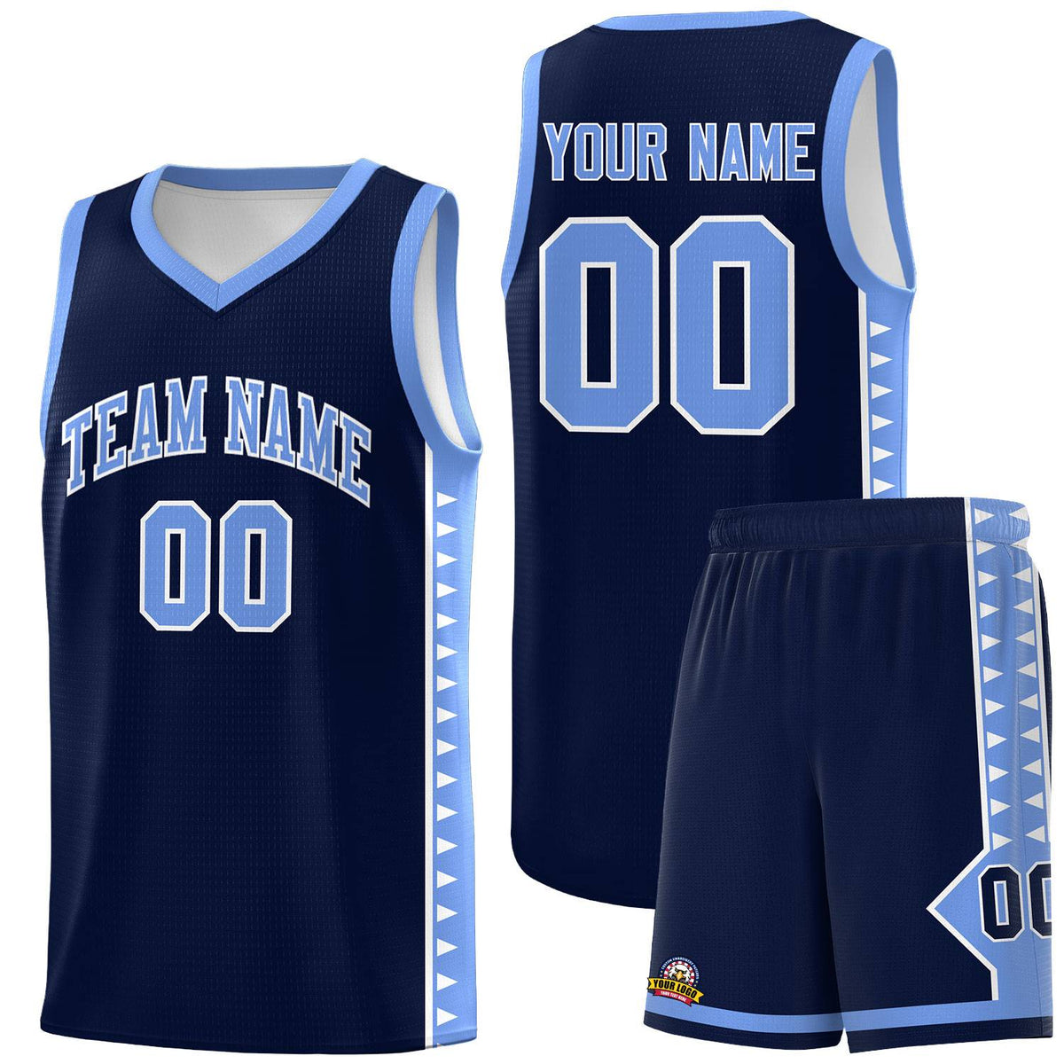 Custom Navy Light Blue Basketball Kits With Side Zigzag Pattern
