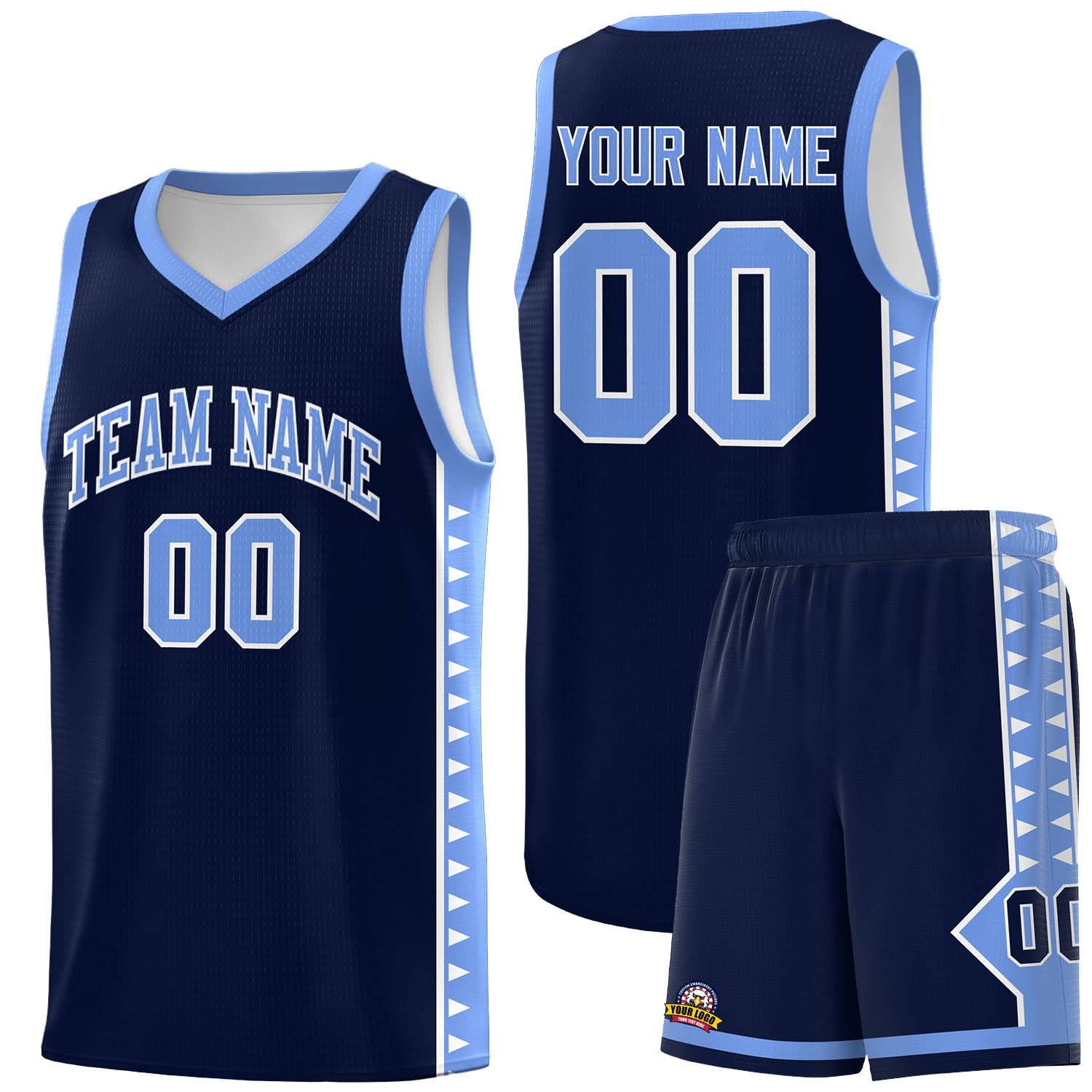 Custom Navy Light Blue Basketball Kits With Side Zigzag Pattern