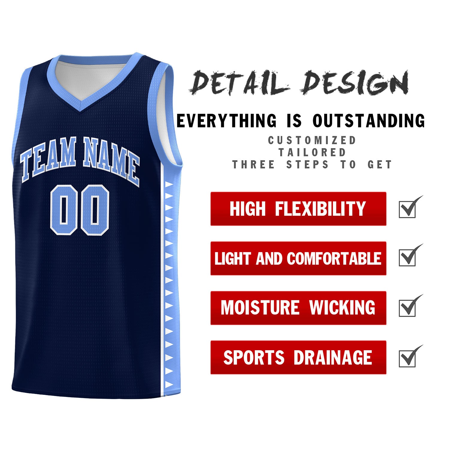 Custom Navy Light Blue Basketball Kits With Side Zigzag Pattern