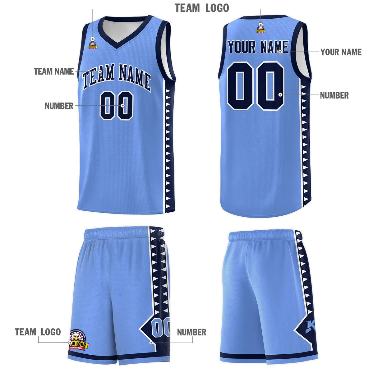 Custom Light Blue Navy Basketball Kits With Side Zigzag Pattern