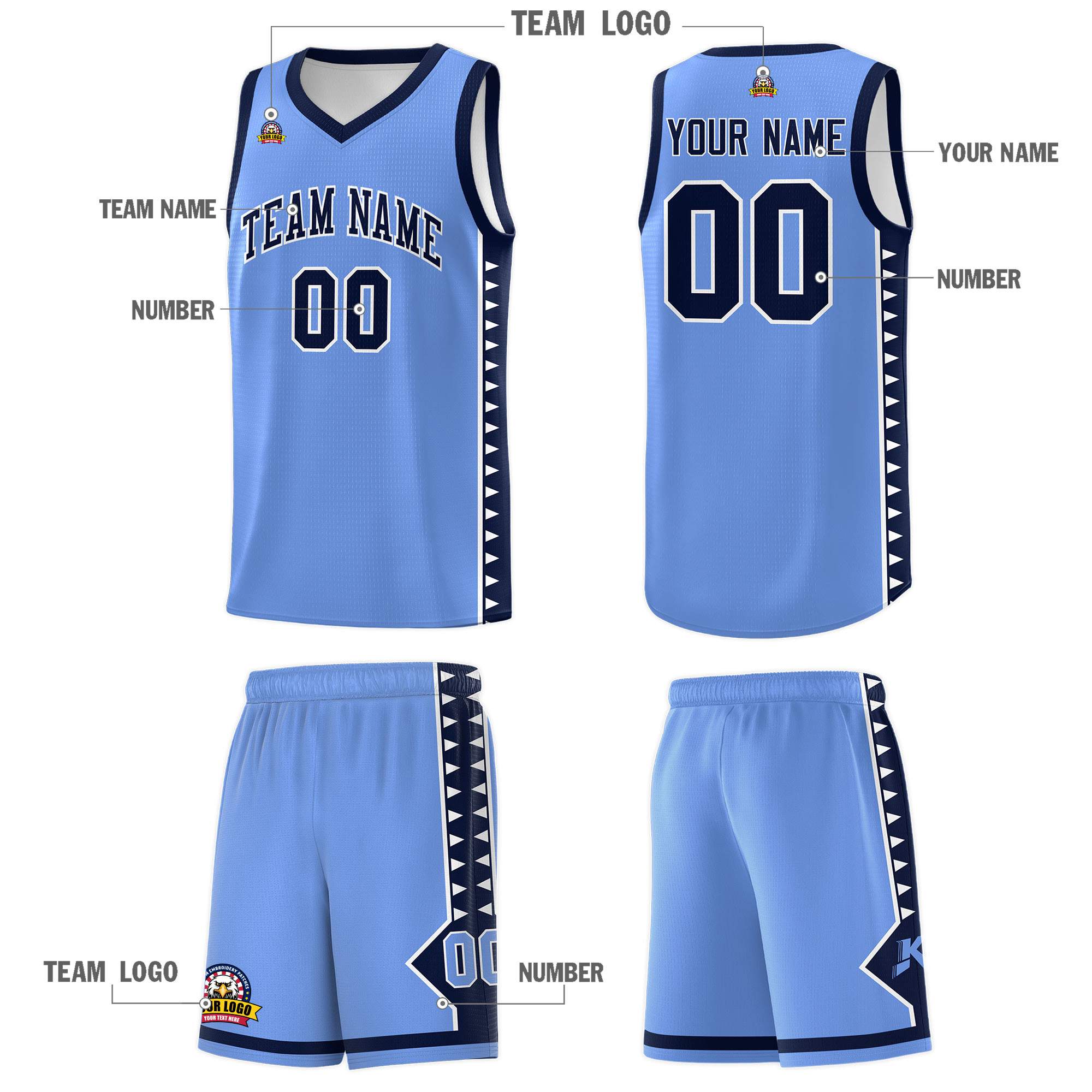 Custom Light Blue Navy Basketball Kits With Side Zigzag Pattern