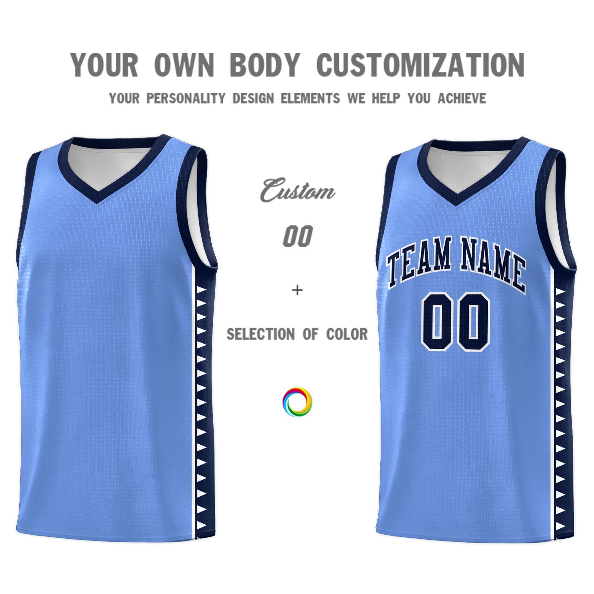 Custom Light Blue Navy Basketball Kits With Side Zigzag Pattern