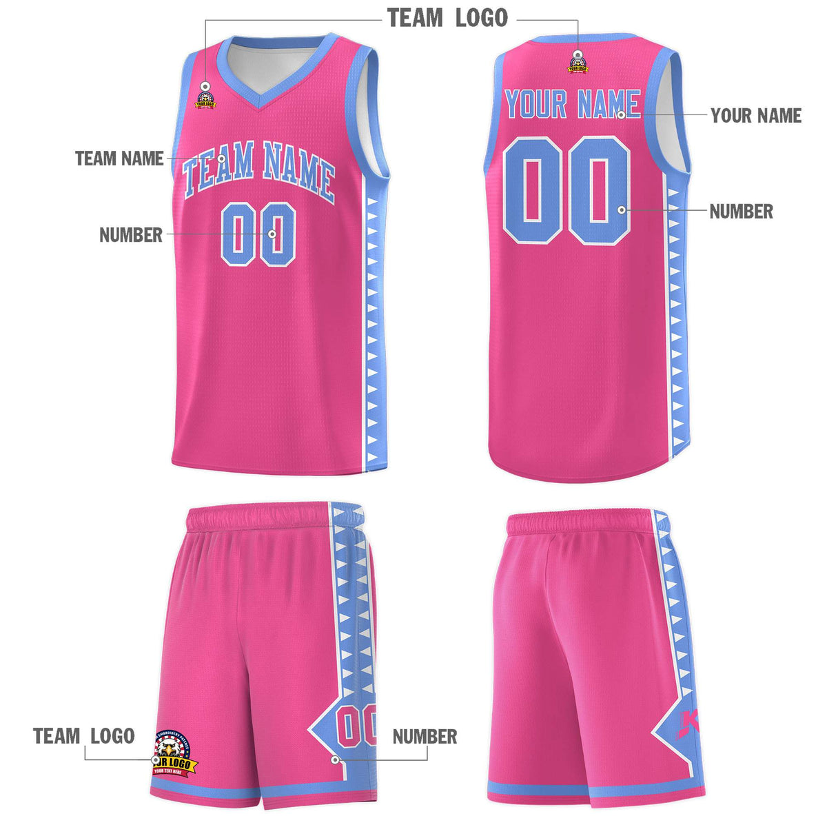 Custom Pink Light Blue Basketball Kits With Side Zigzag Pattern