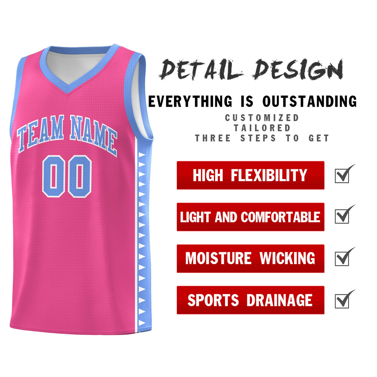Custom Pink Light Blue Basketball Kits With Side Zigzag Pattern