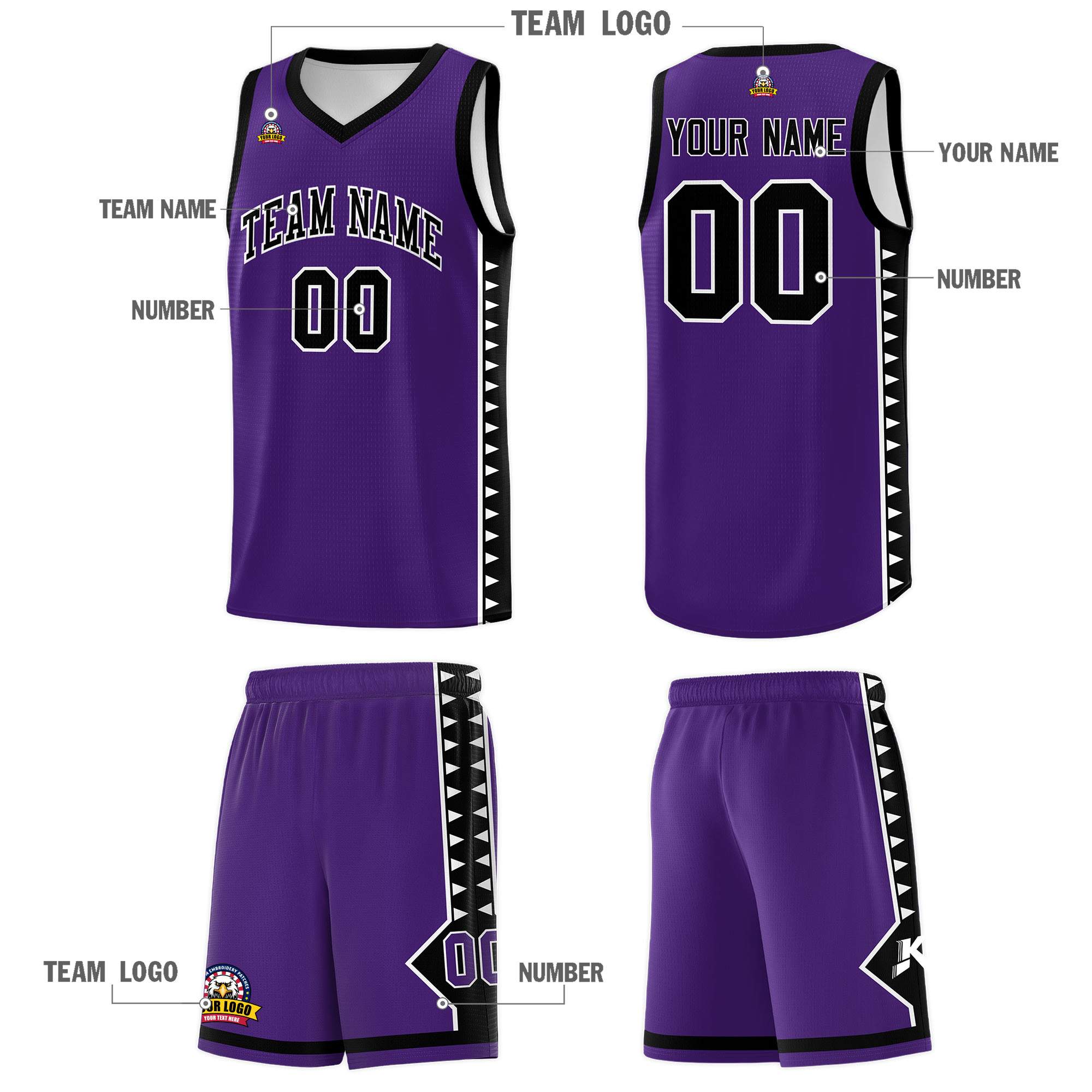 Custom Purple Black Basketball Kits With Side Zigzag Pattern