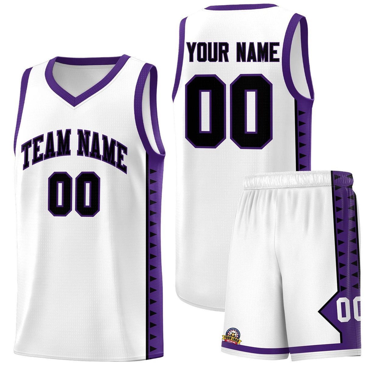 Custom White Purple Basketball Kits With Side Zigzag Pattern