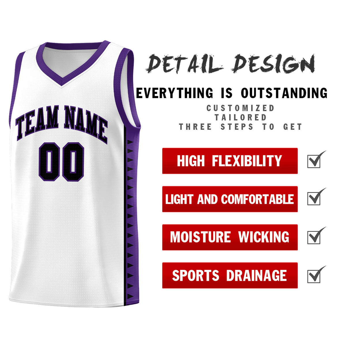 Custom White Purple Basketball Kits With Side Zigzag Pattern