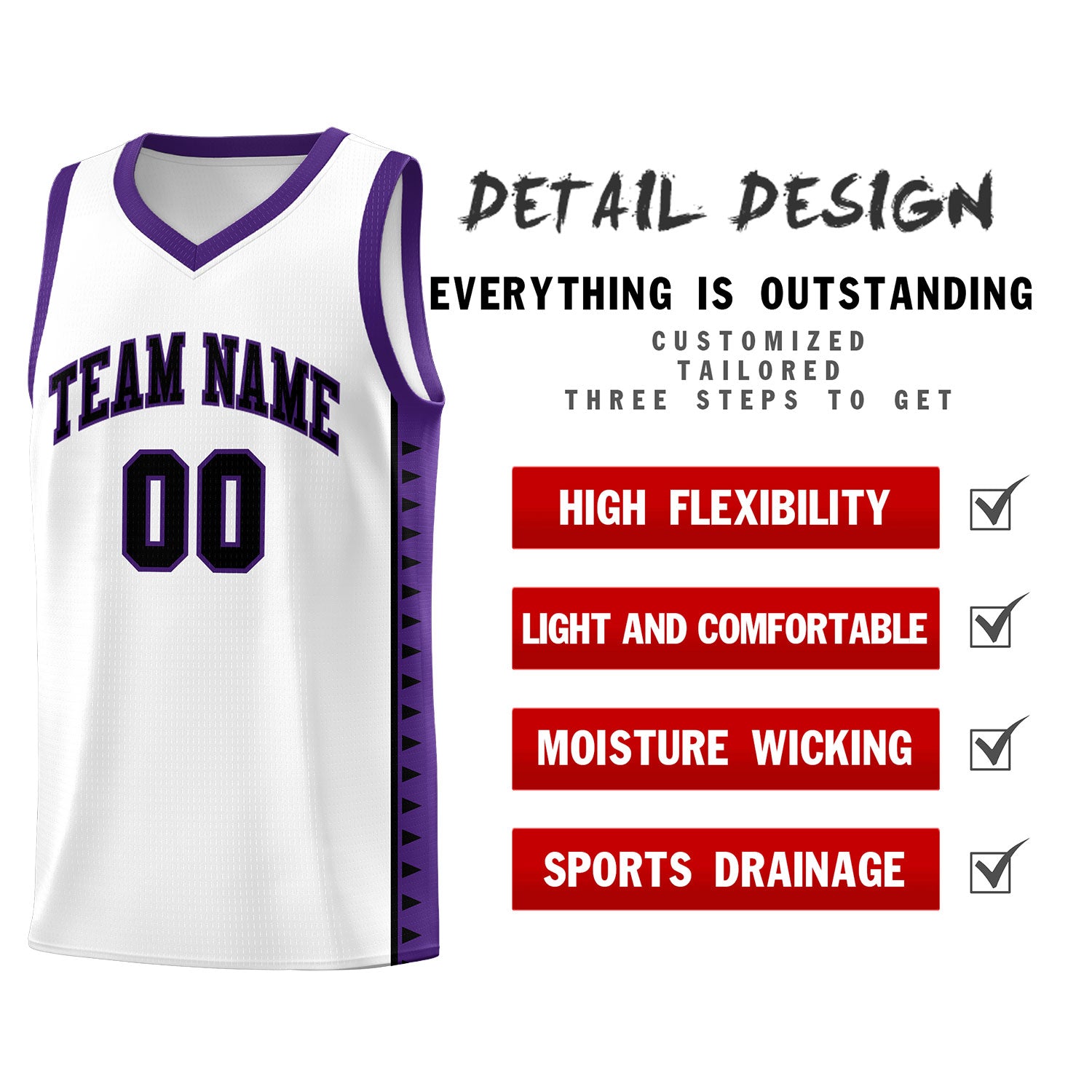 Custom White Purple Basketball Kits With Side Zigzag Pattern