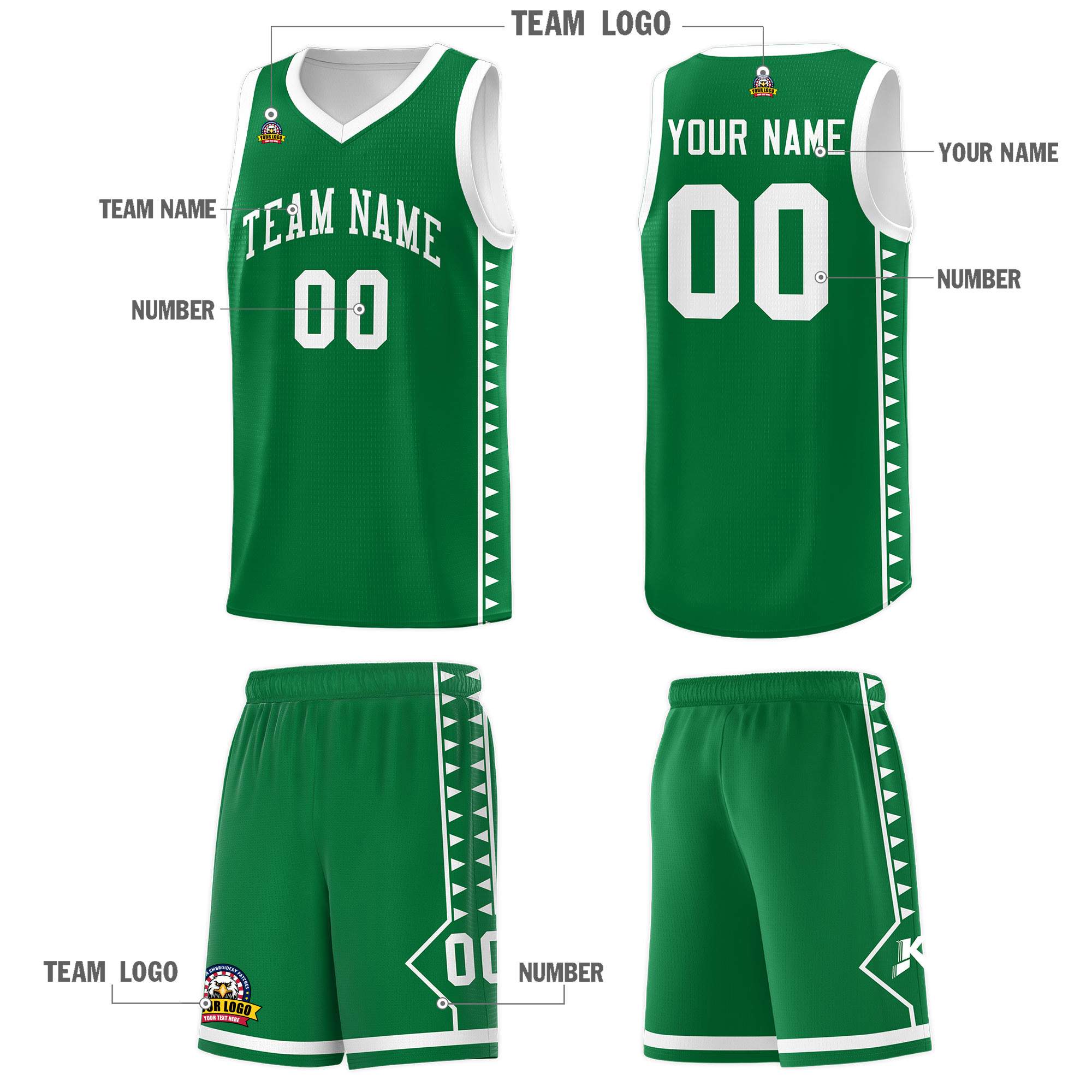 Custom Kelly Green White Basketball Kits With Side Zigzag Pattern
