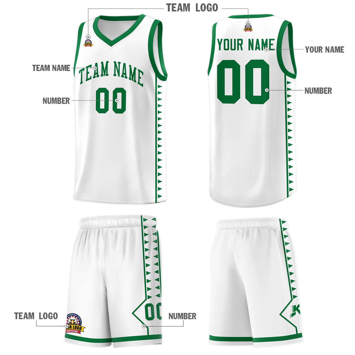Custom White Kelly Green Basketball Kits With Side Zigzag Pattern