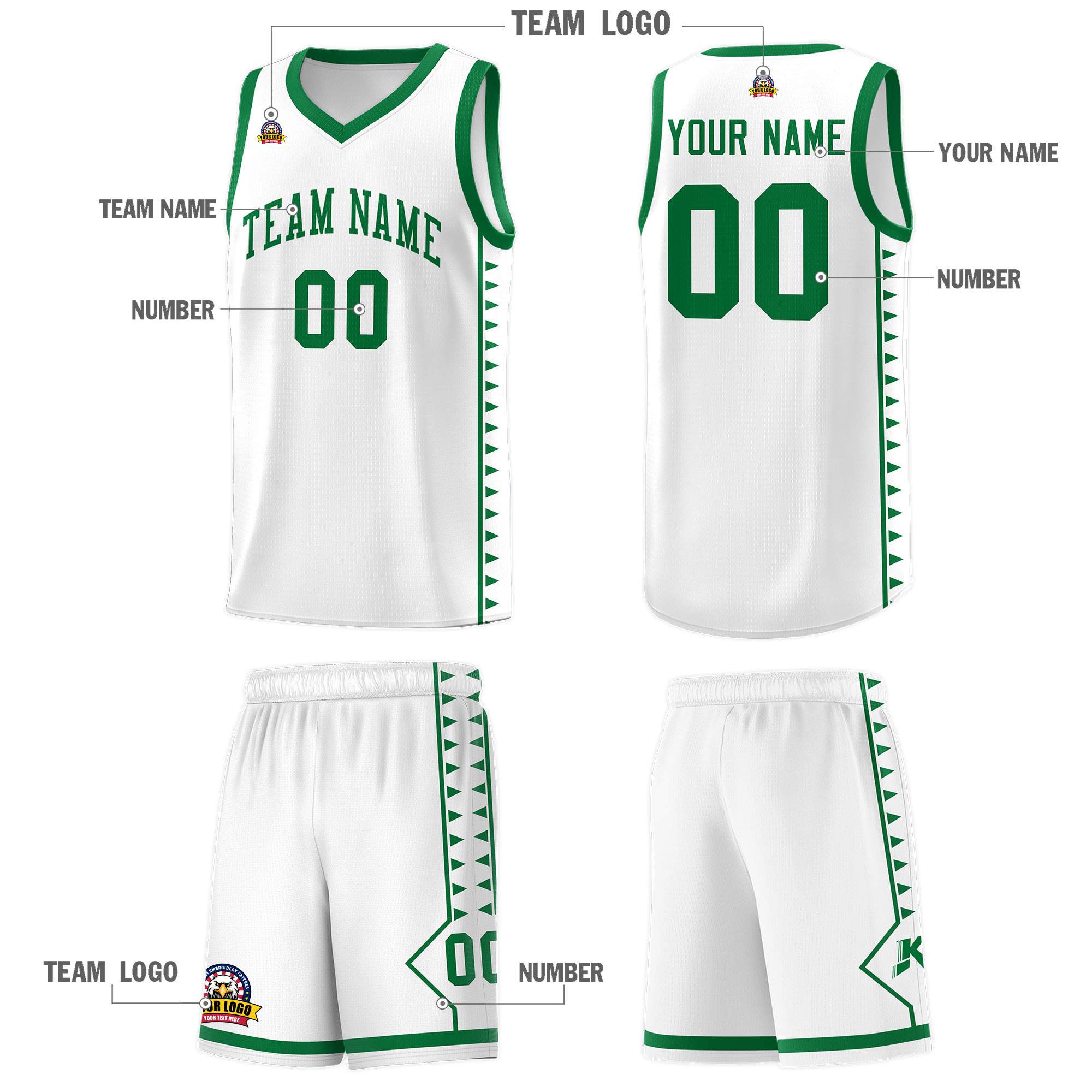 Custom White Kelly Green Basketball Kits With Side Zigzag Pattern