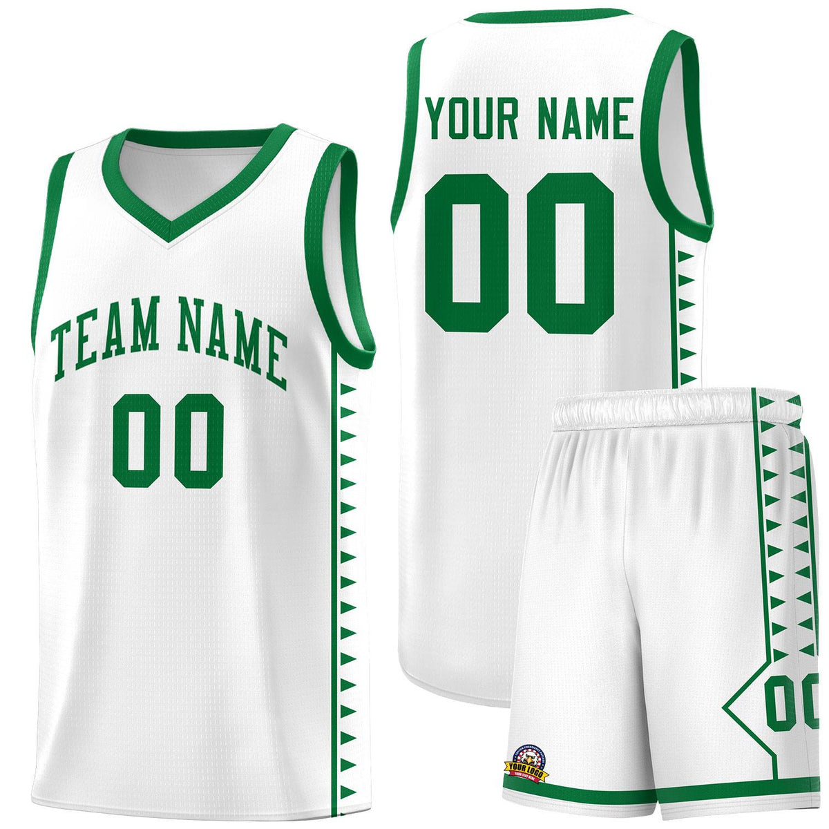 Custom White Kelly Green Basketball Kits With Side Zigzag Pattern