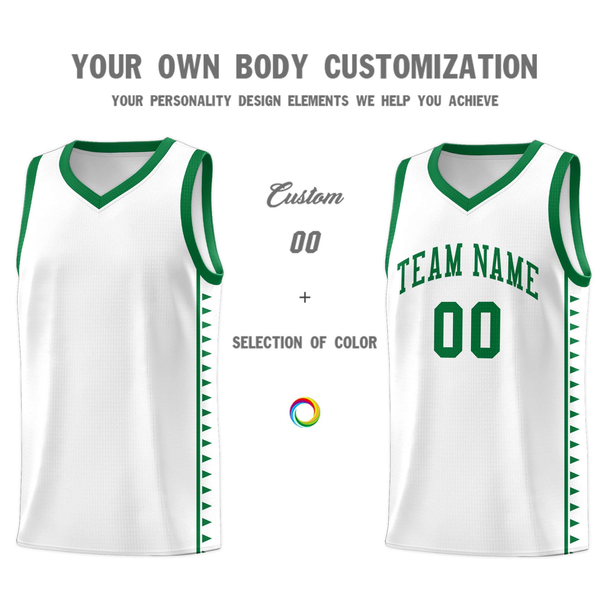 Custom White Kelly Green Basketball Kits With Side Zigzag Pattern