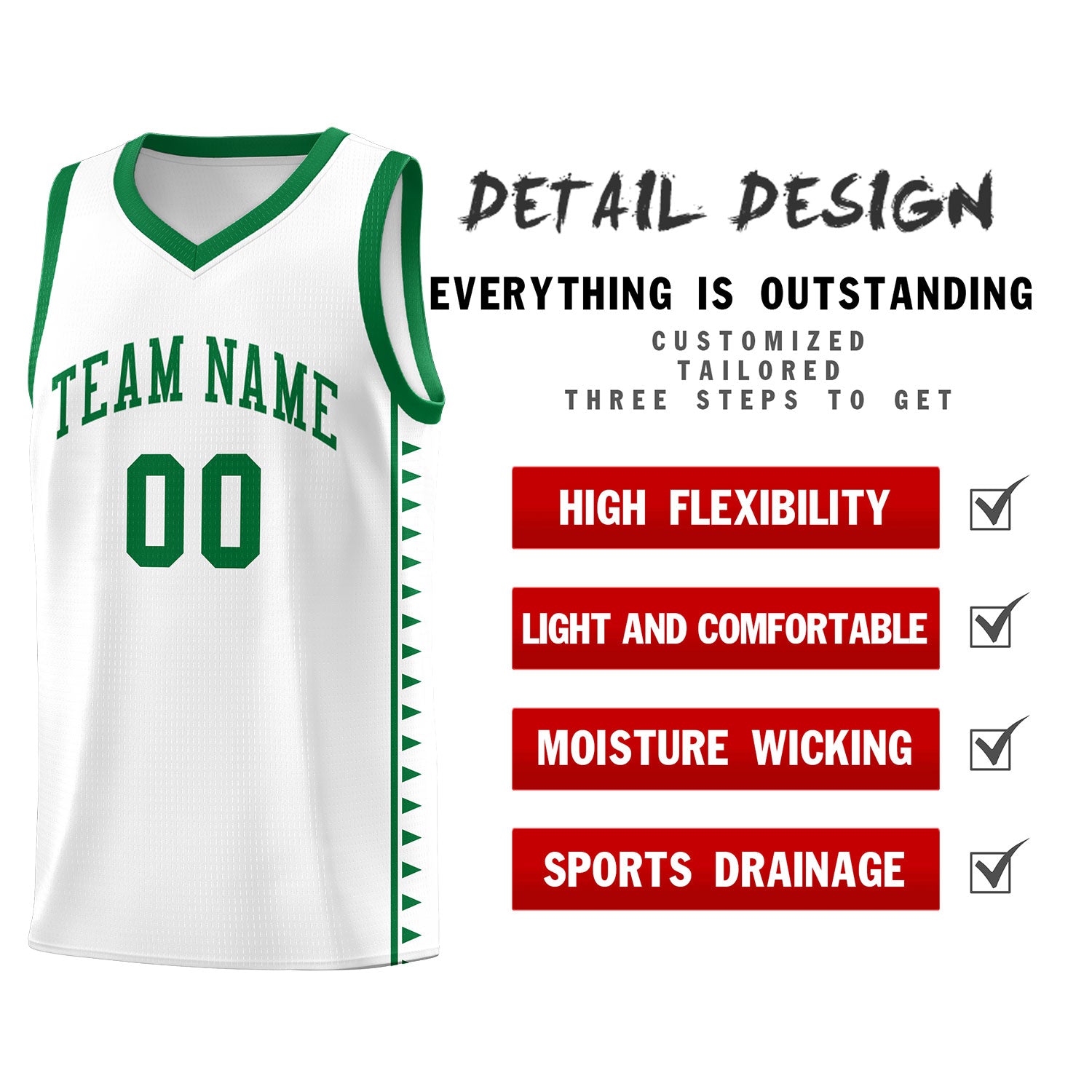 Custom White Kelly Green Basketball Kits With Side Zigzag Pattern