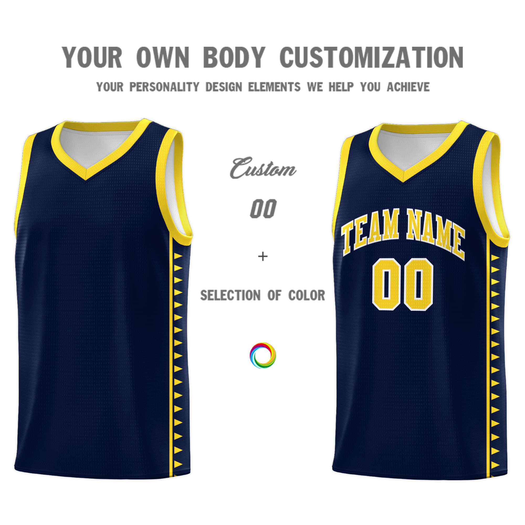 Custom Navy Gold Basketball Kits With Side Zigzag Pattern