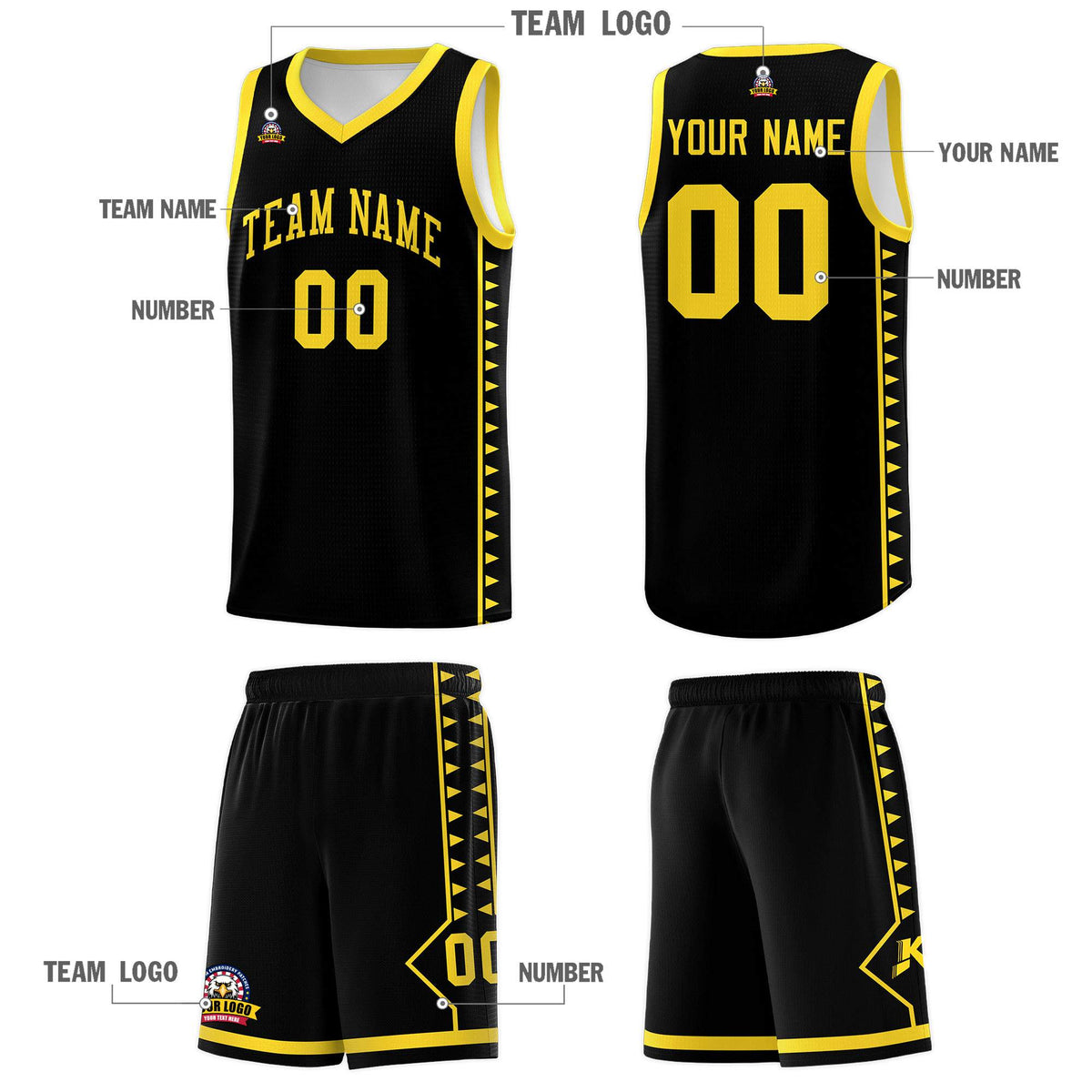 Custom Black Gold Basketball Kits With Side Zigzag Pattern