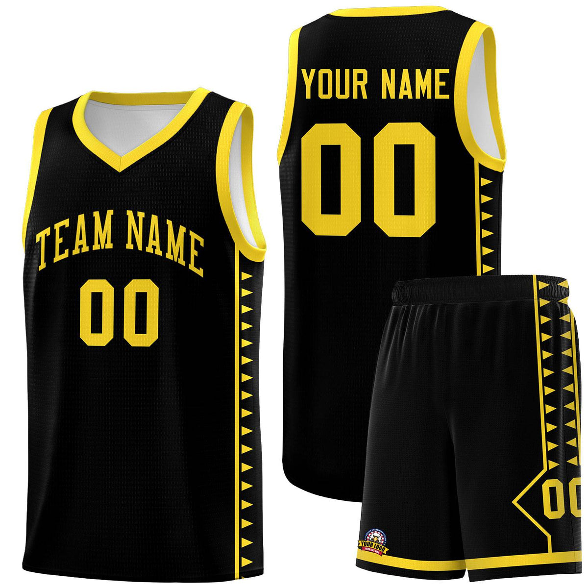 Custom Black Gold Basketball Kits With Side Zigzag Pattern