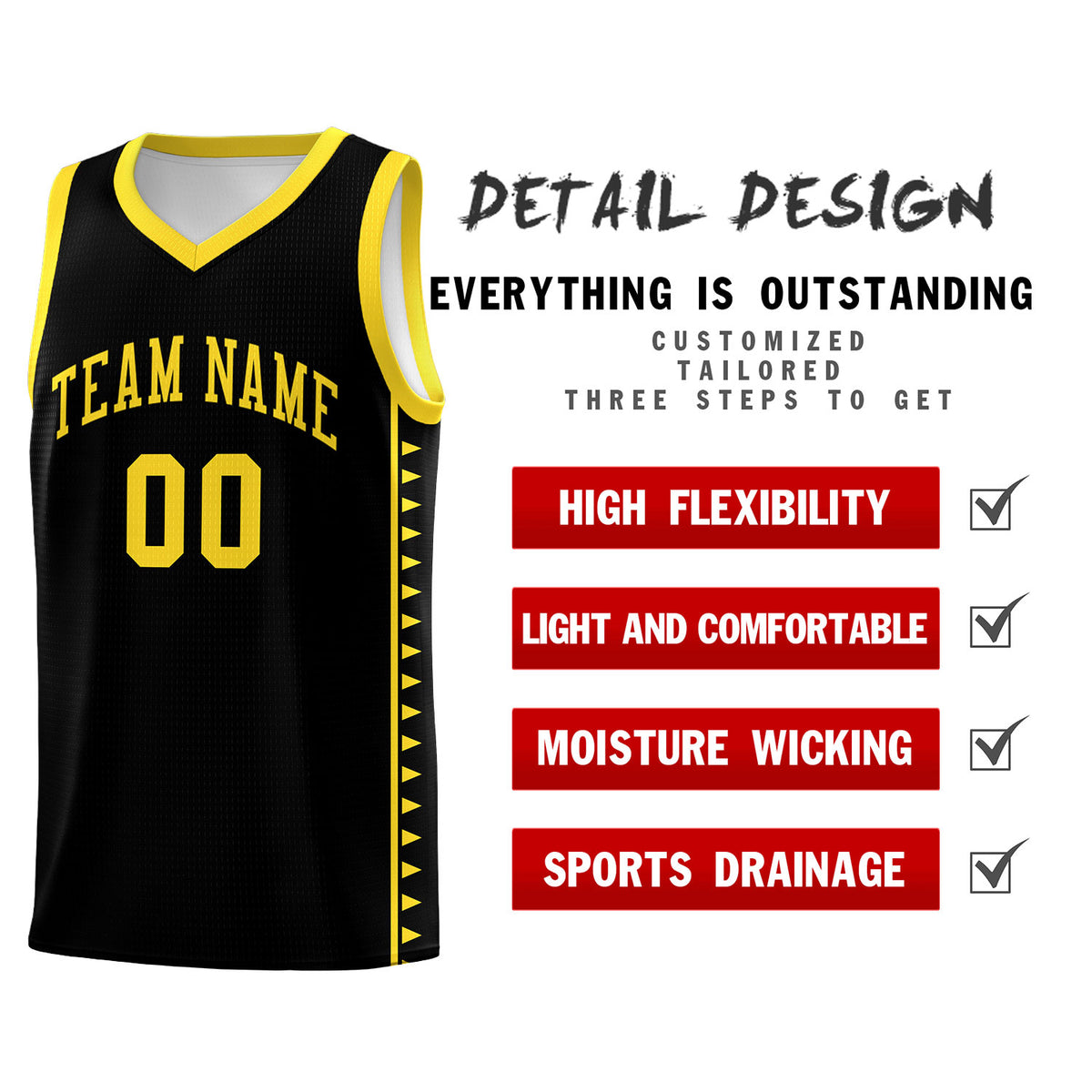 Custom Black Gold Basketball Kits With Side Zigzag Pattern
