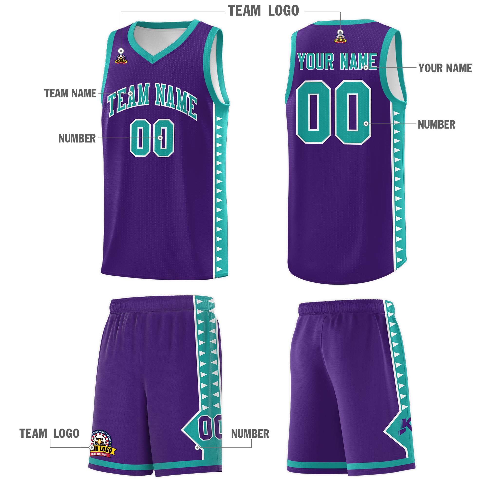 Custom Purple Aqua Basketball Kits With Side Zigzag Pattern
