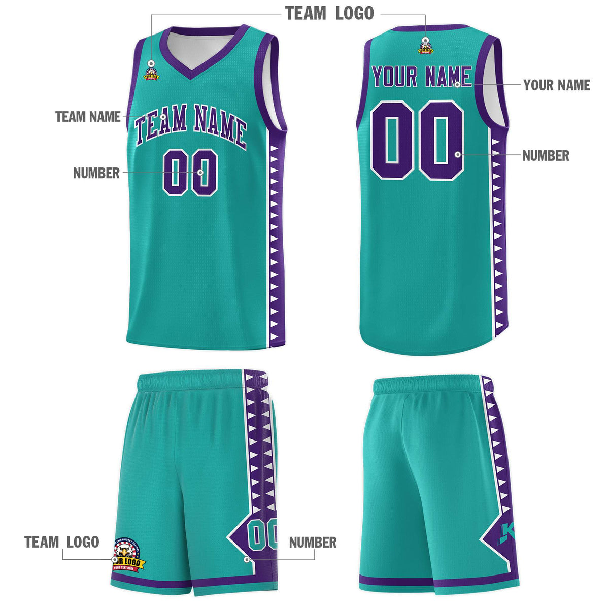 Custom Aqua Purple Basketball Kits With Side Zigzag Pattern