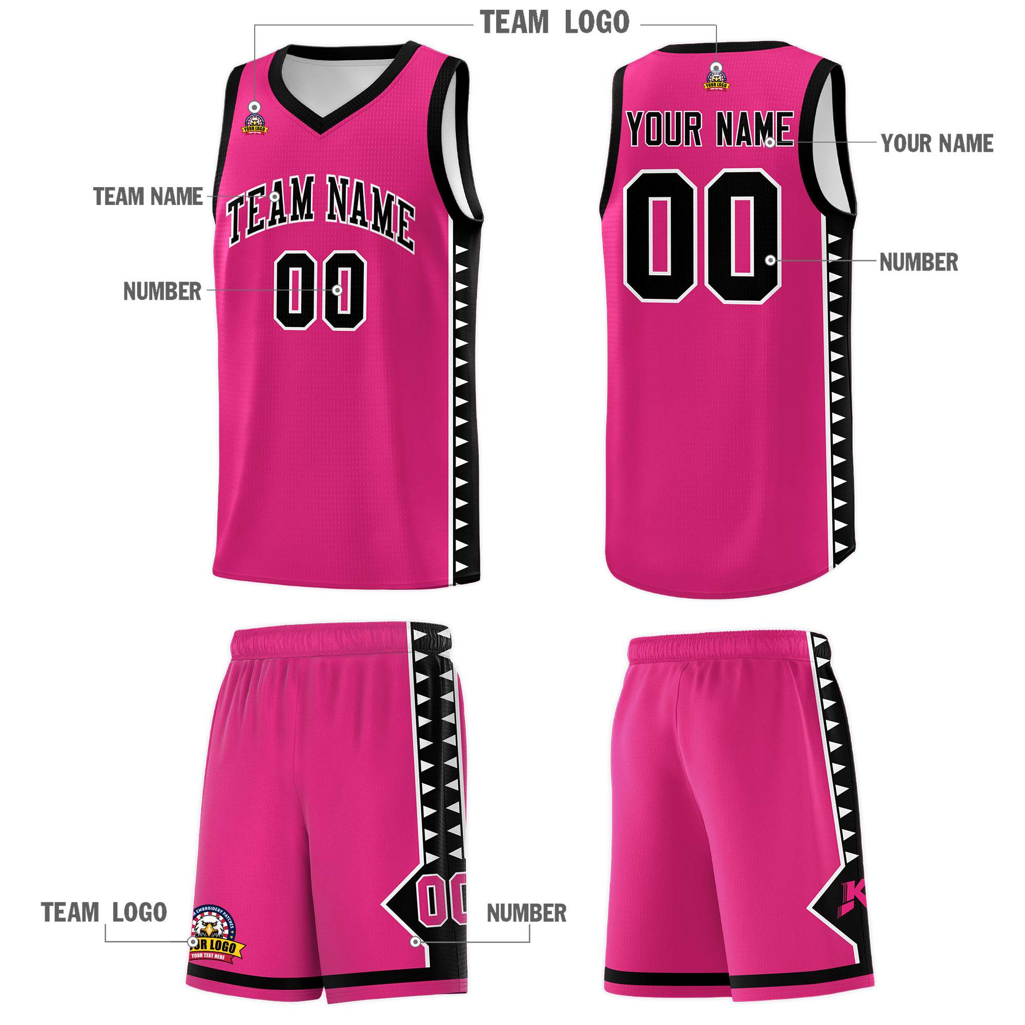 Custom Rose Red Black Basketball Kits With Side Zigzag Pattern