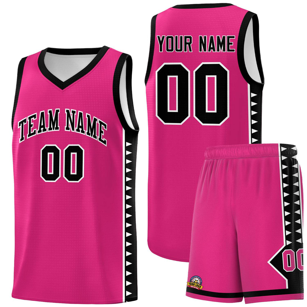 Custom Rose Red Black Basketball Kits With Side Zigzag Pattern