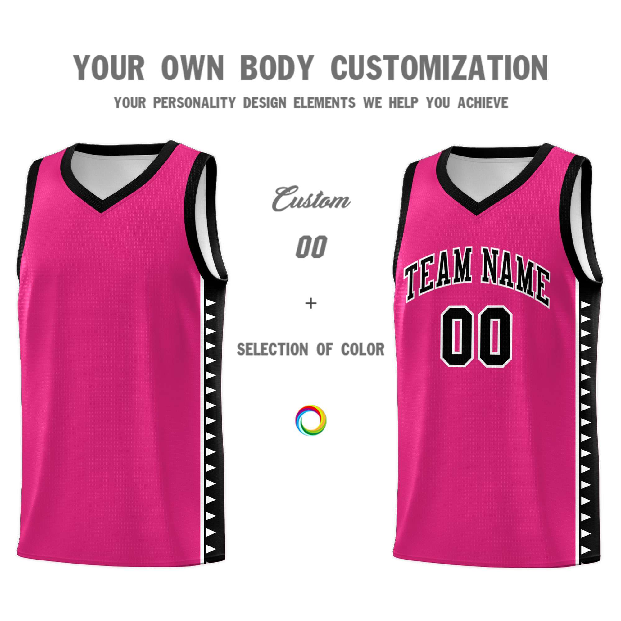 Custom Rose Red Black Basketball Kits With Side Zigzag Pattern