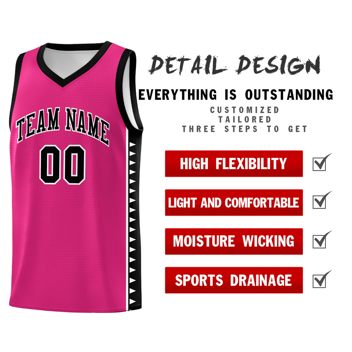 Custom Rose Red Black Basketball Kits With Side Zigzag Pattern