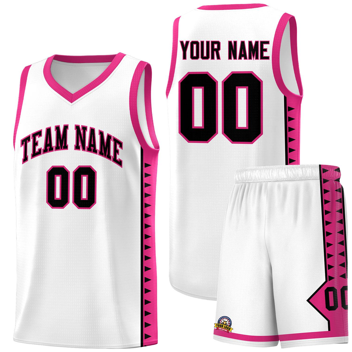 Custom White Rose Red Basketball Kits With Side Zigzag Pattern