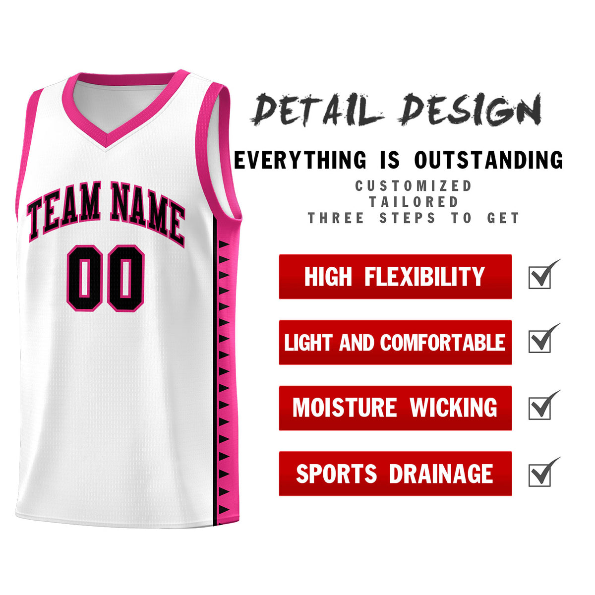 Custom White Rose Red Basketball Kits With Side Zigzag Pattern