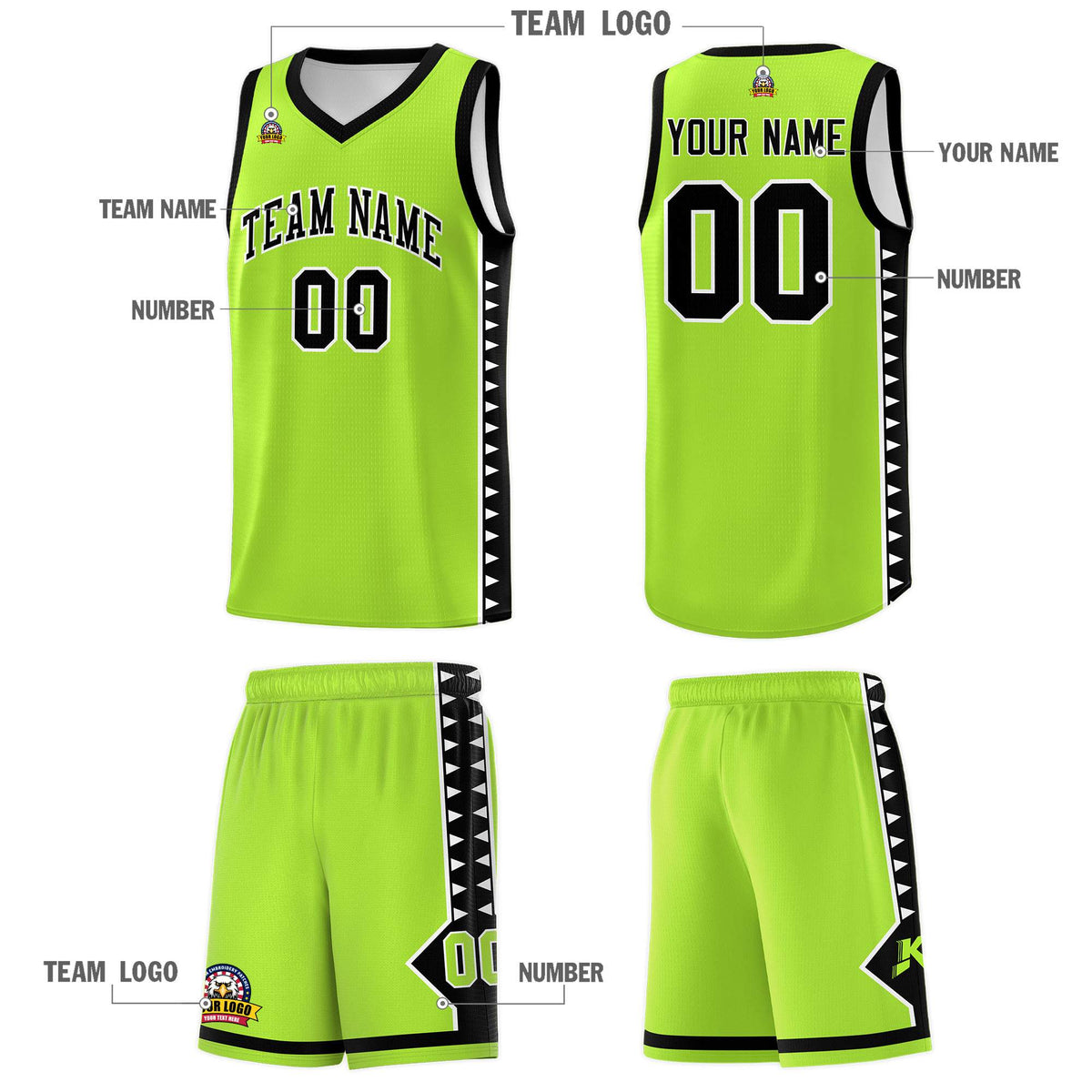 Custom Neon Green Black Basketball Kits With Side Zigzag Pattern