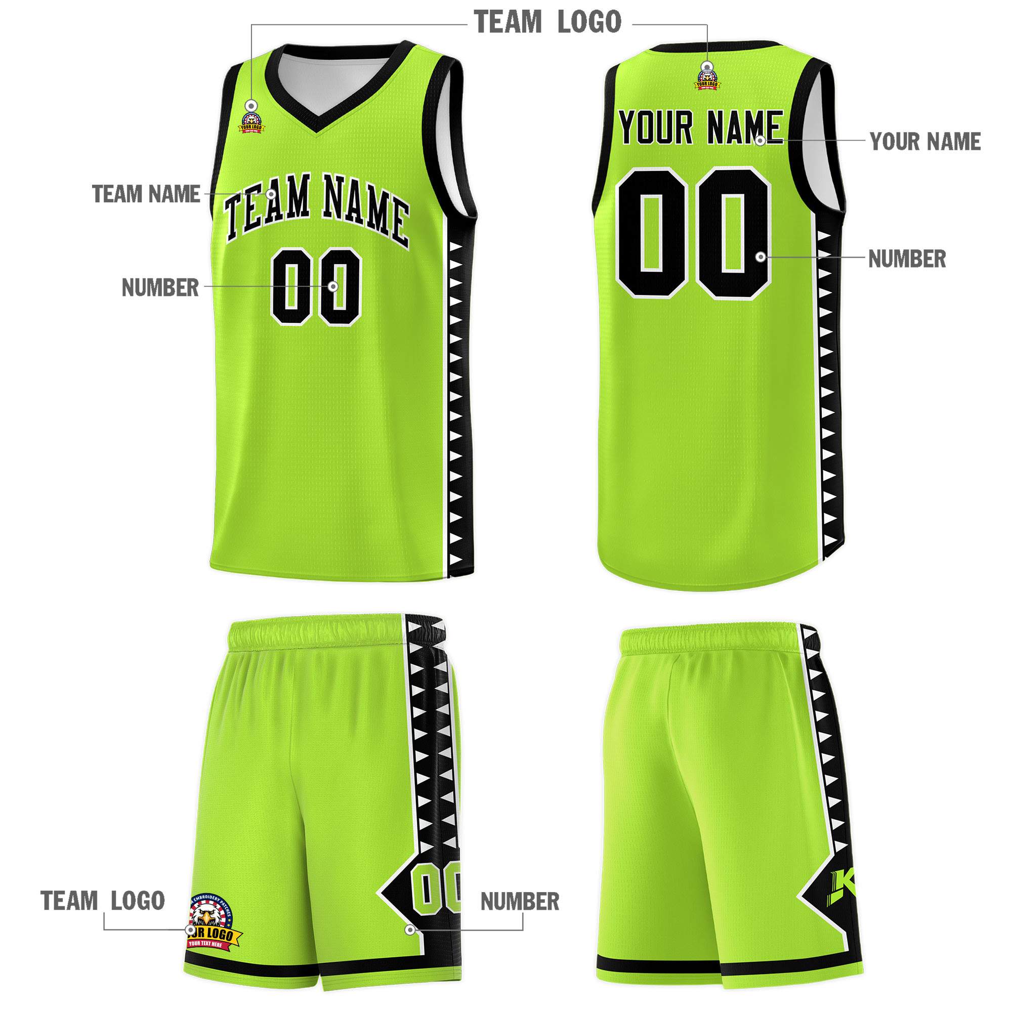 Custom Neon Green Black Basketball Kits With Side Zigzag Pattern