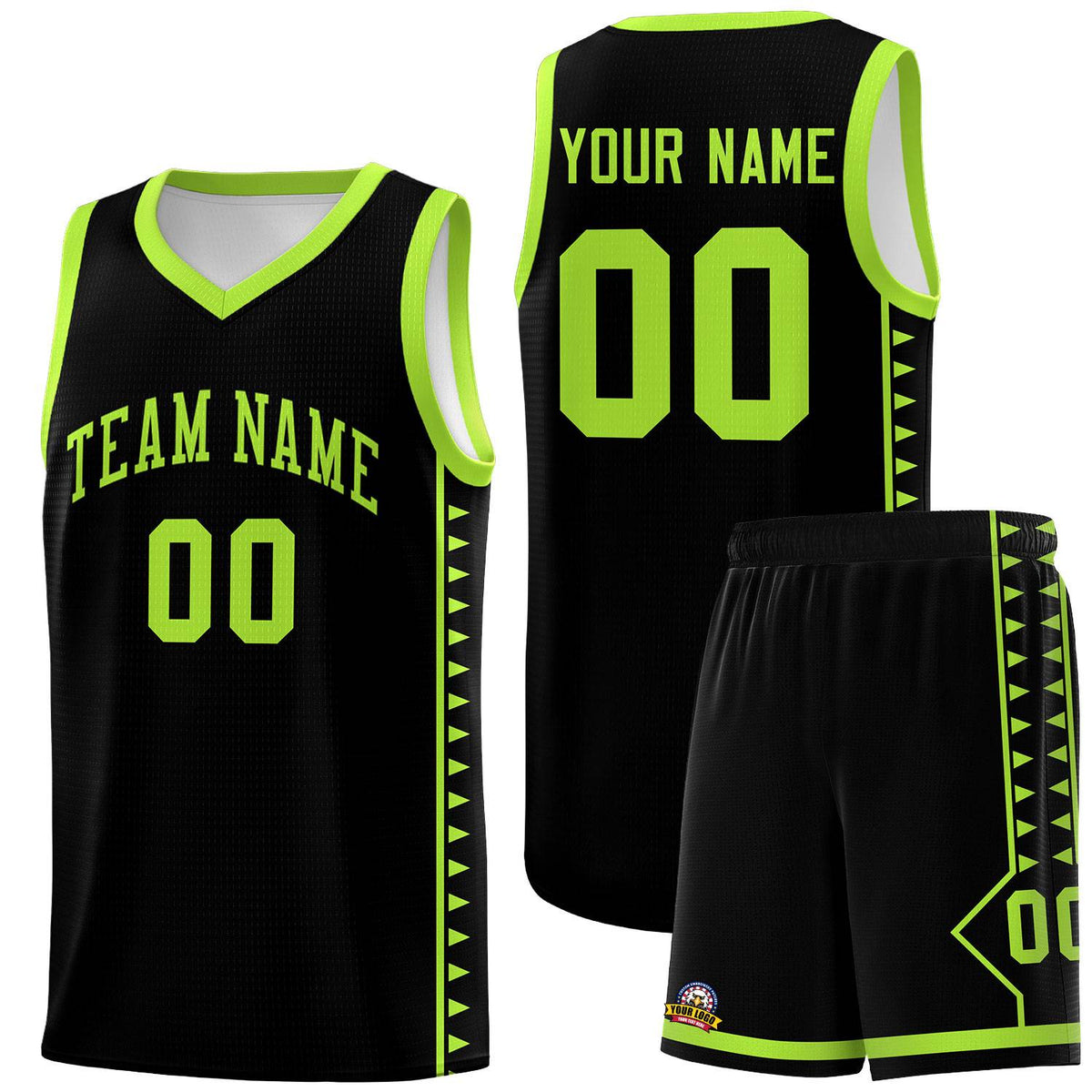 Custom Black Neon Green Basketball Kits With Side Zigzag Pattern