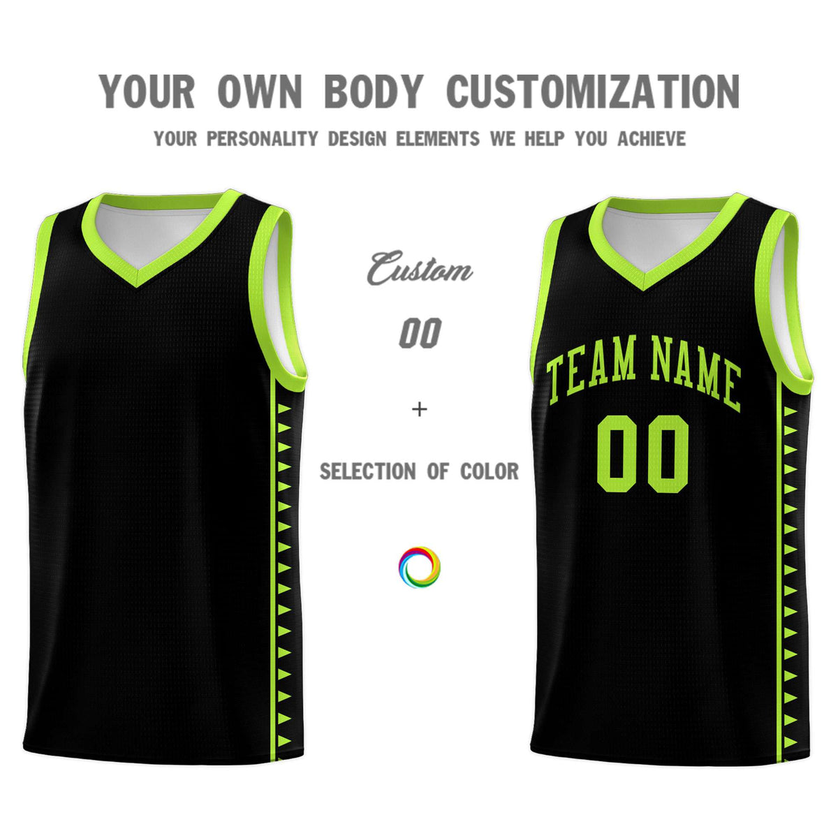 Custom Black Neon Green Basketball Kits With Side Zigzag Pattern