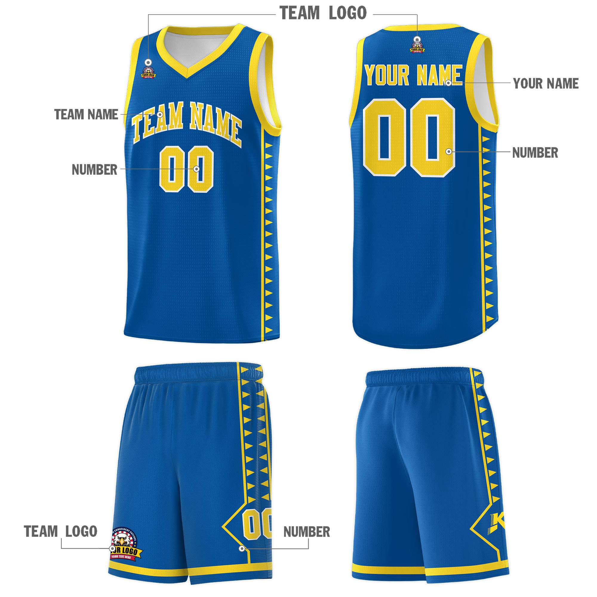 Custom Royal Gold Basketball Kits With Side Zigzag Pattern