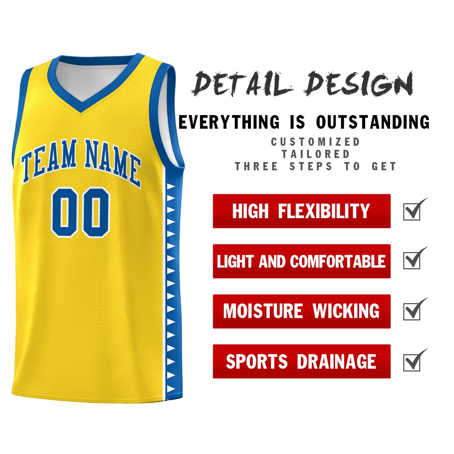 Custom Gold Royal Basketball Kits With Side Zigzag Pattern