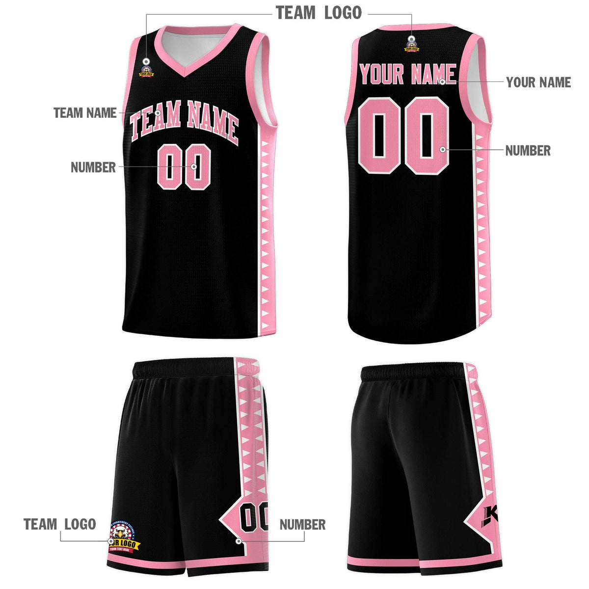Custom Black Light Pink Basketball Kits With Side Zigzag Pattern