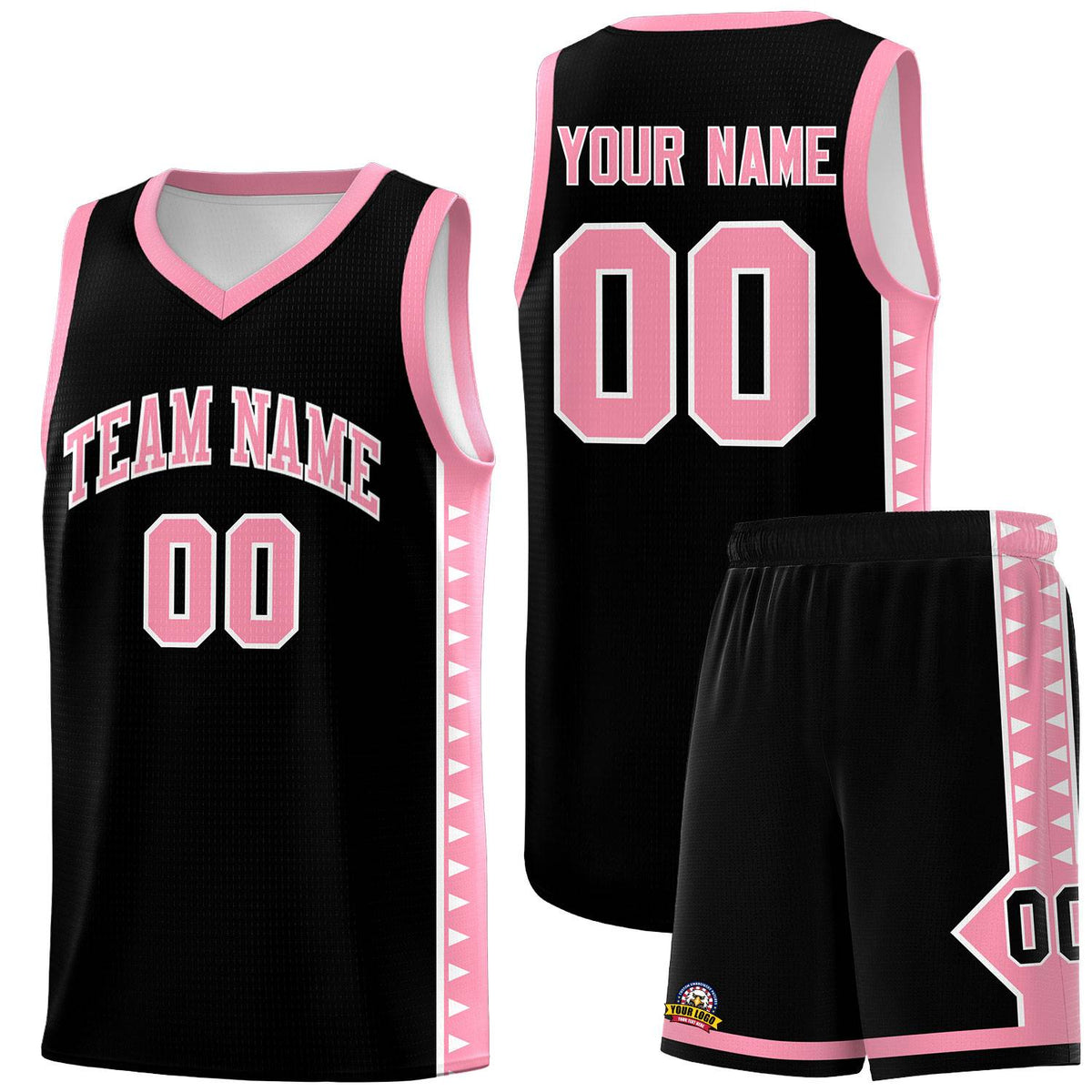 Custom Black Light Pink Basketball Kits With Side Zigzag Pattern