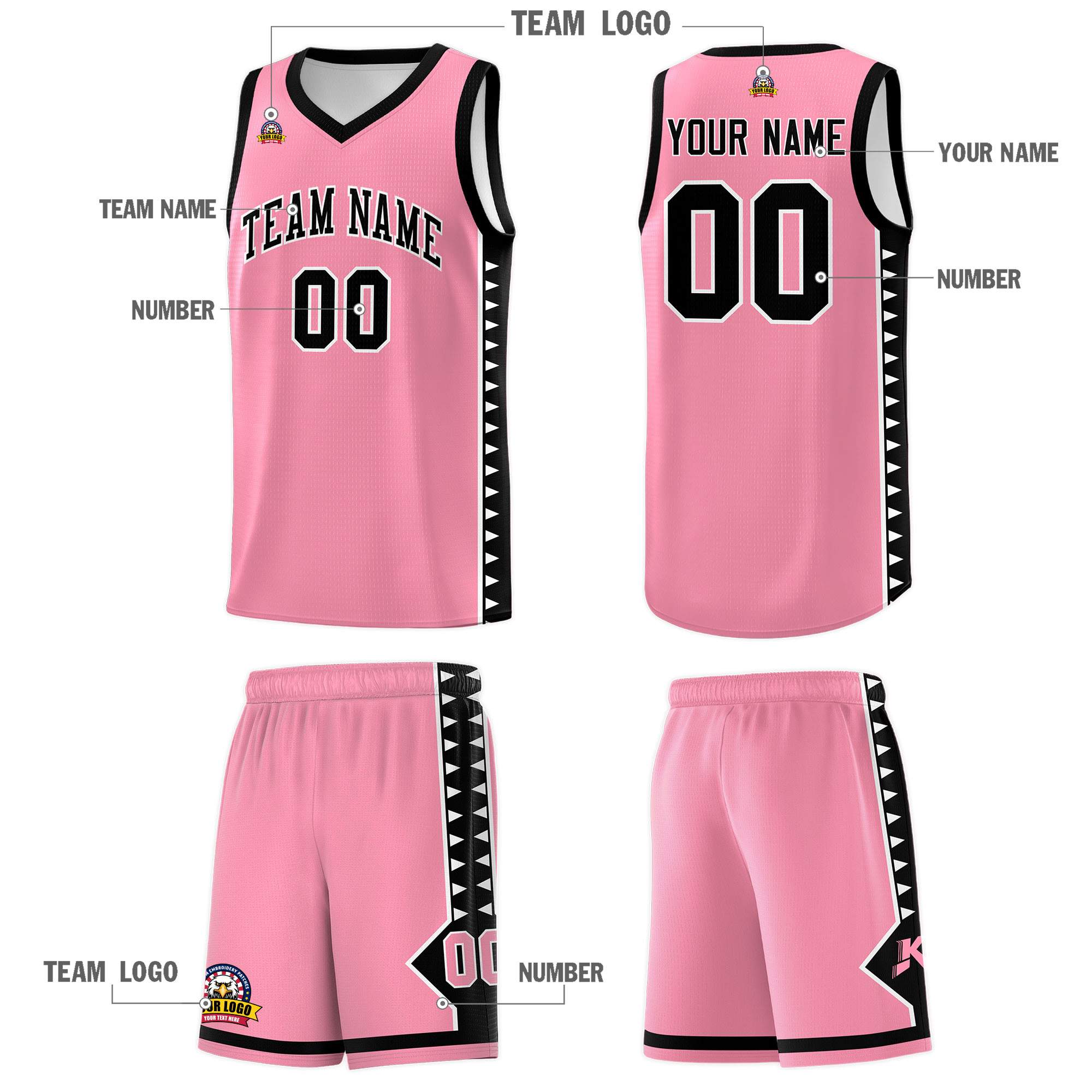 Custom Light Pink Black Basketball Kits With Side Zigzag Pattern