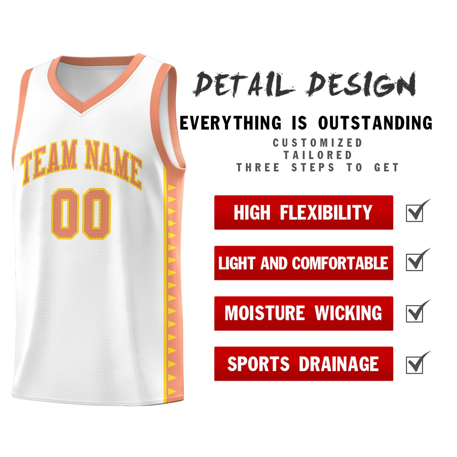 Custom White Light Orange Basketball Kits With Side Zigzag Pattern