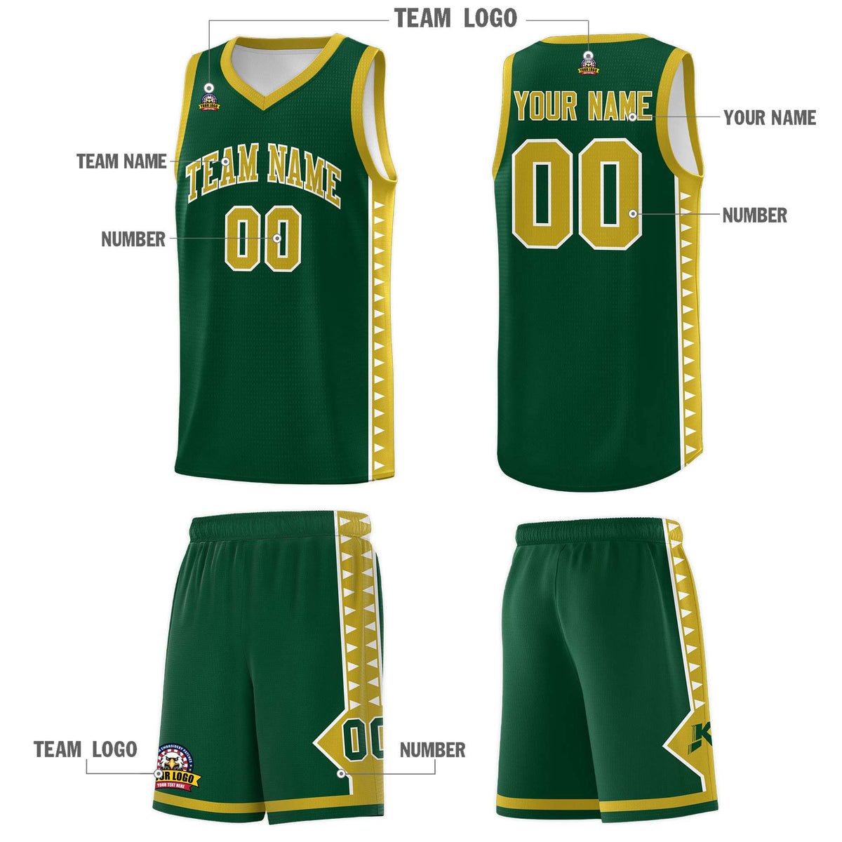 Custom Green Old Gold Basketball Kits With Side Zigzag Pattern