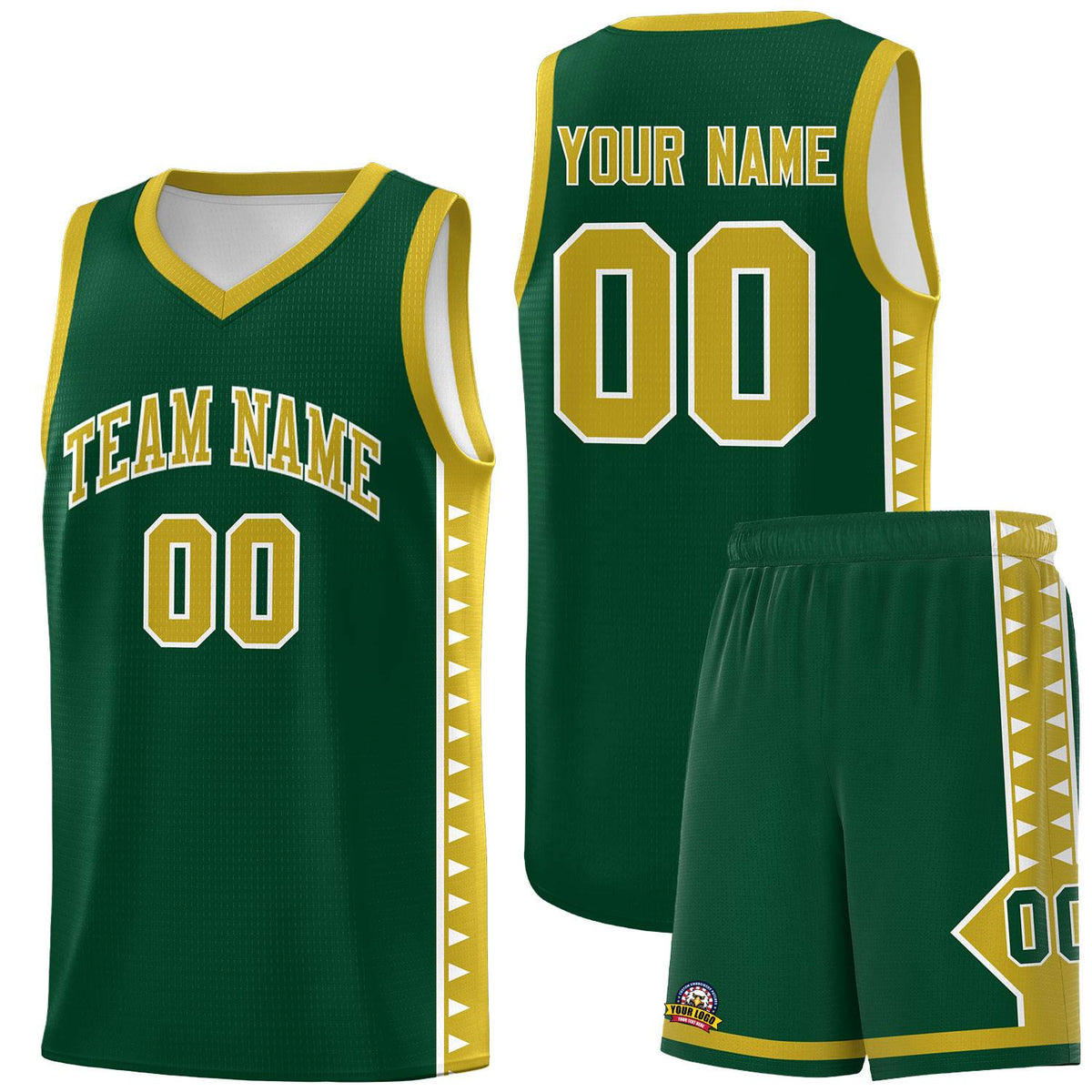 Custom Green Old Gold Basketball Kits With Side Zigzag Pattern