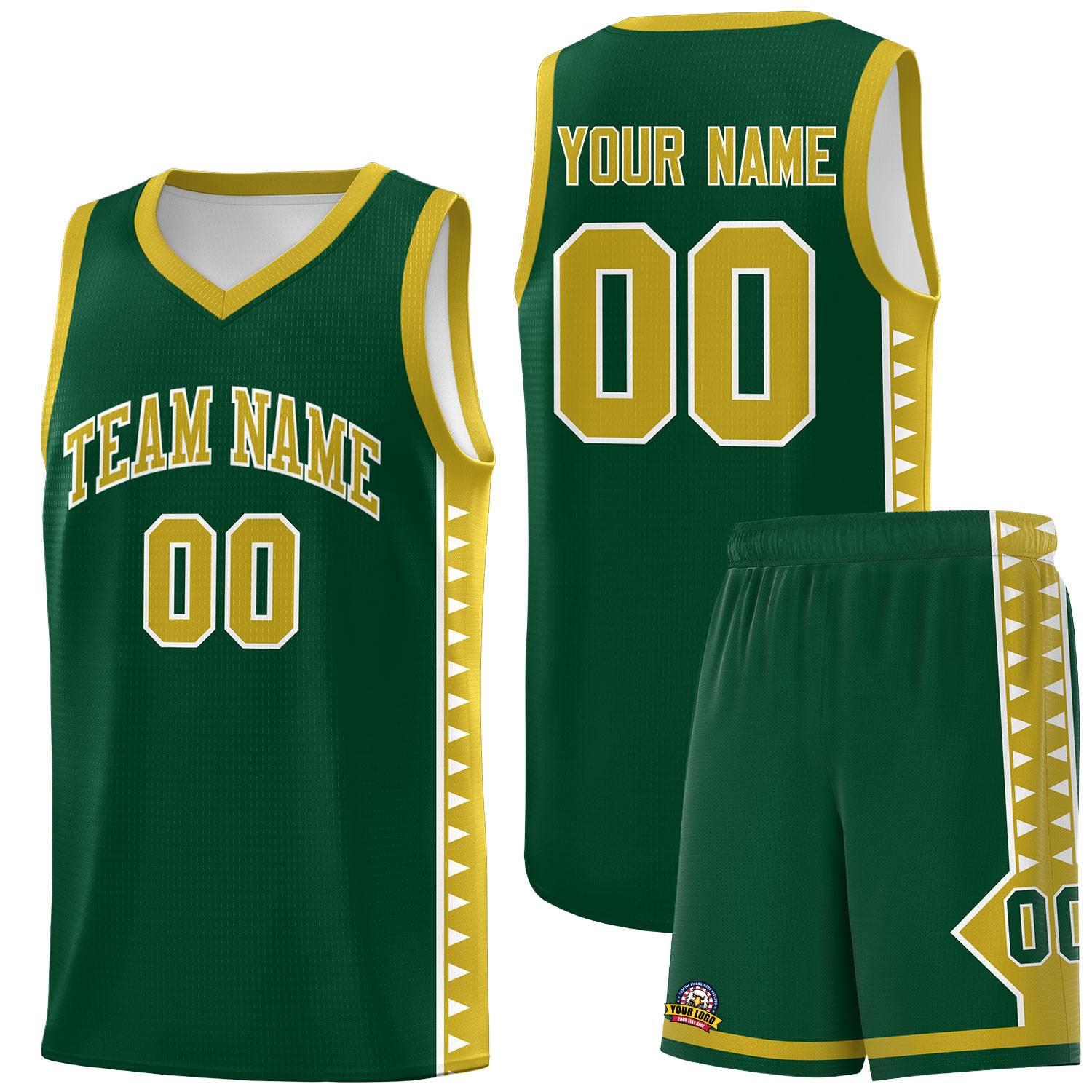 Custom Green Old Gold Basketball Kits With Side Zigzag Pattern