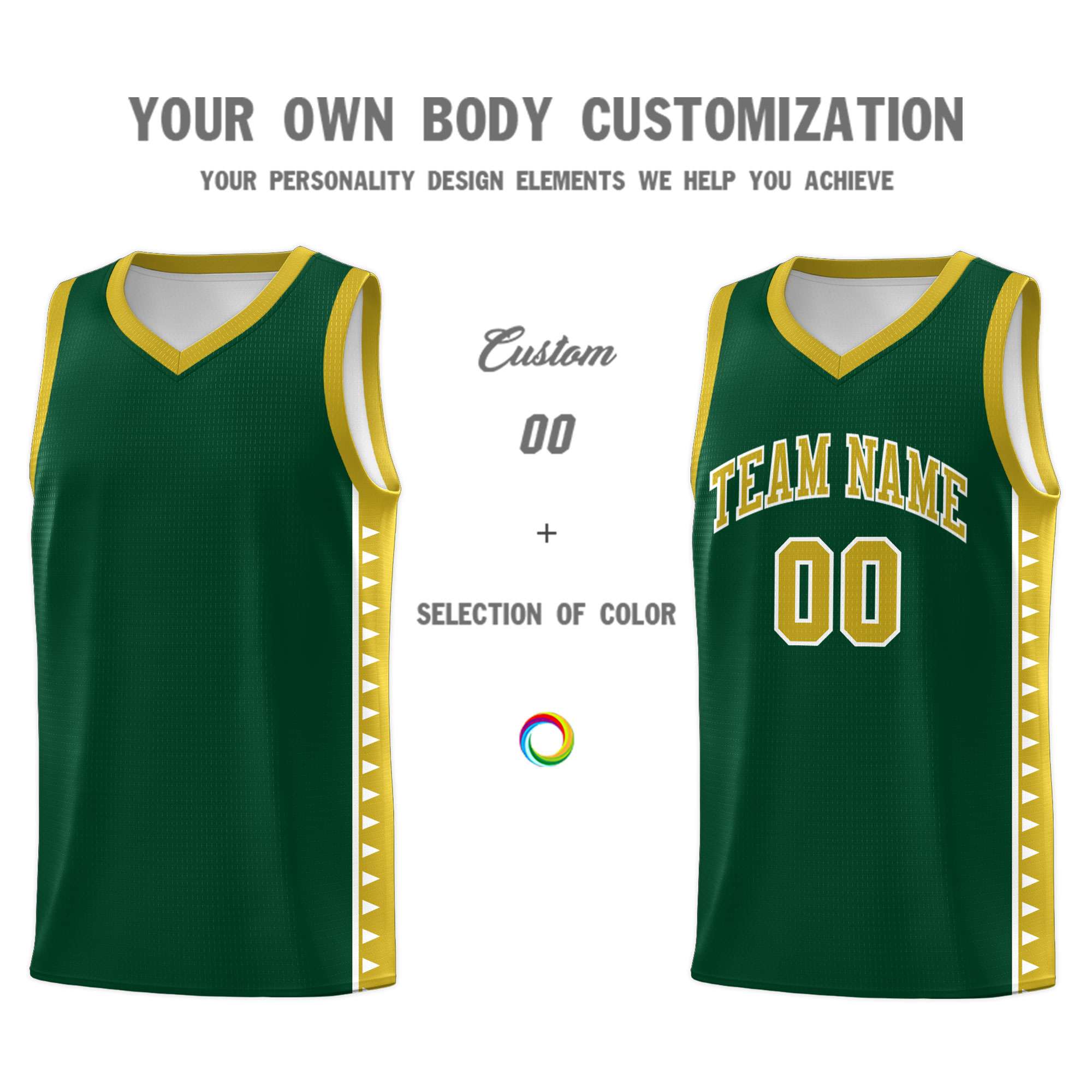 Custom Green Old Gold Basketball Kits With Side Zigzag Pattern