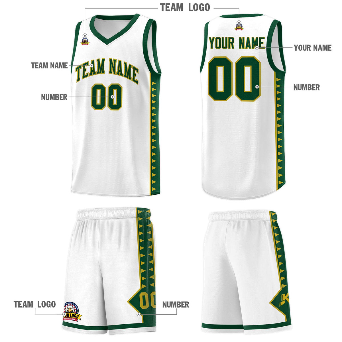 Custom White Green Basketball Kits With Side Zigzag Pattern