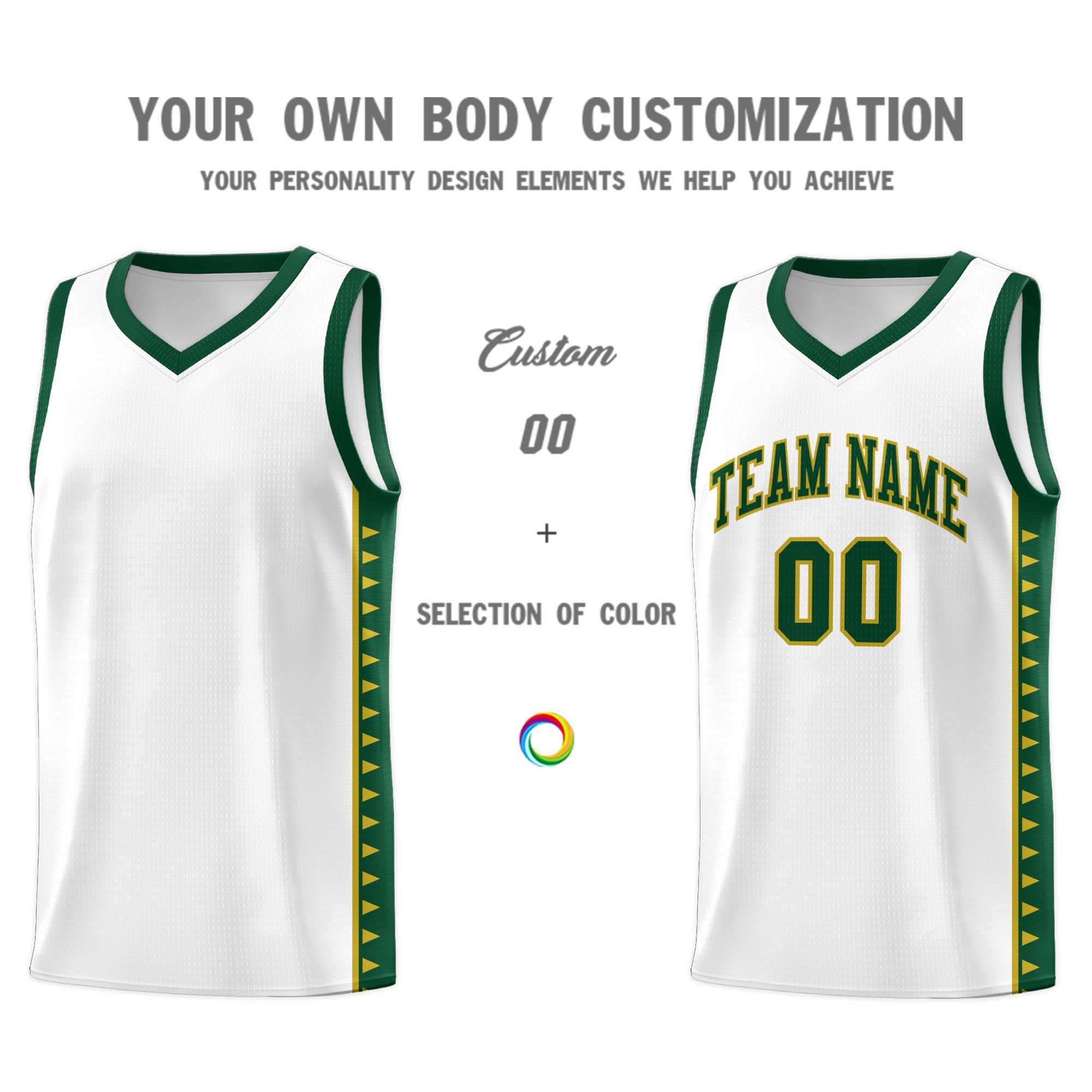 Custom White Green Basketball Kits With Side Zigzag Pattern