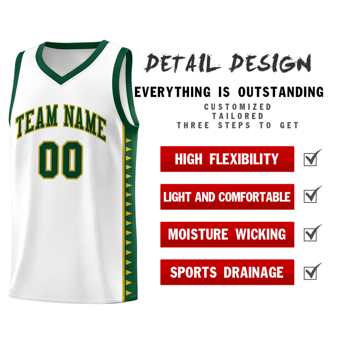 Custom White Green Basketball Kits With Side Zigzag Pattern