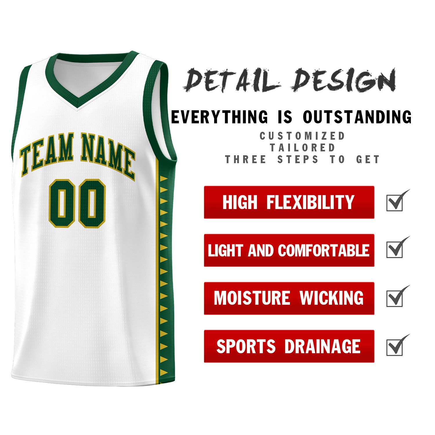 Custom White Green Basketball Kits With Side Zigzag Pattern